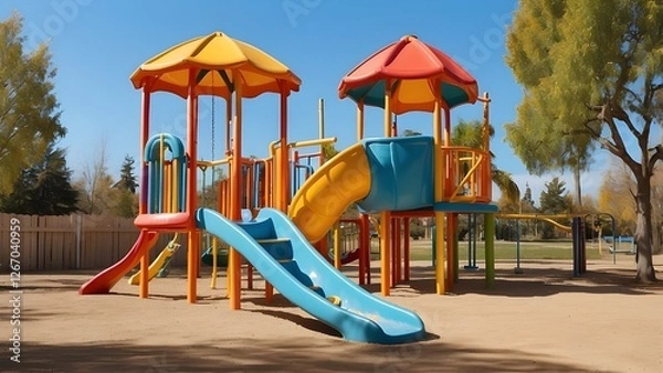 Fototapeta A colorful children's playground structure with a slide and swings stands on a dirt ground on a sunny day