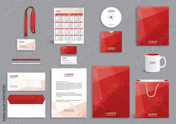 Obraz Business stationery set template, corporate identity design mock-up with abstract modern red pattern