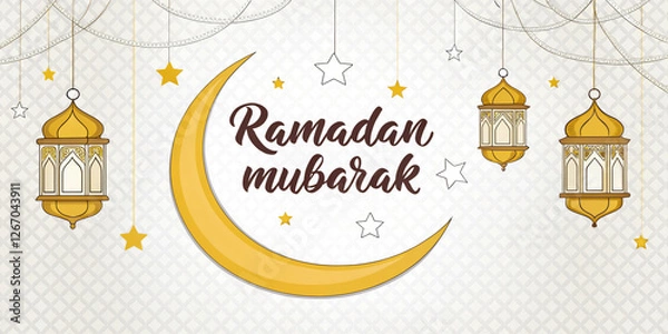 Fototapeta Elegant white and gold Ramadan Mubarak greeting card featuring a crescent moon, hanging lanterns, and intricate Arabic patterns