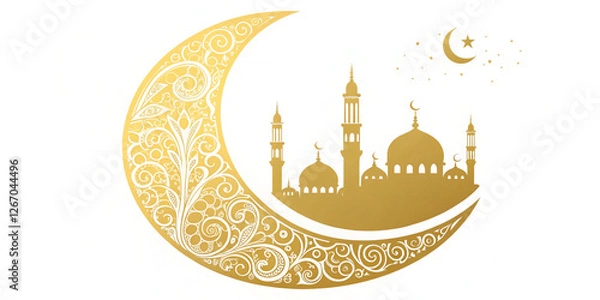 Fototapeta Golden crescent moon and mosque silhouette Ramadan greeting card with a minimalistic yet luxurious Islamic-inspired design