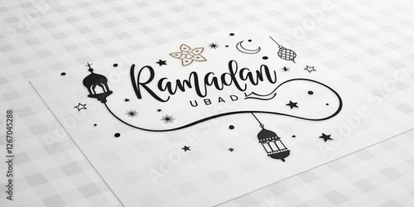 Fototapeta Handwritten-style Ramadan Mubarak greeting card in a unique calligraphic design with an elegant, minimalist black-and-white theme.