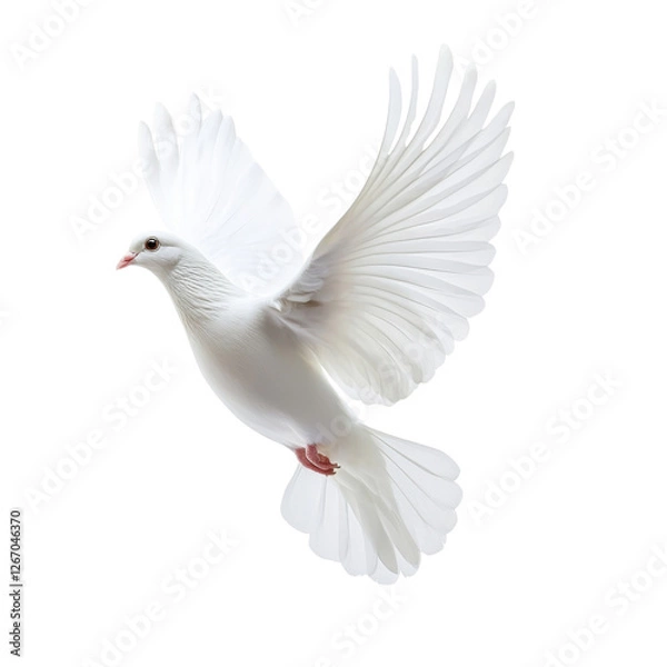 Fototapeta graceful white dove in mid flight, showcasing its elegant wings and serene presence. This captures essence of peace and freedom beautifully