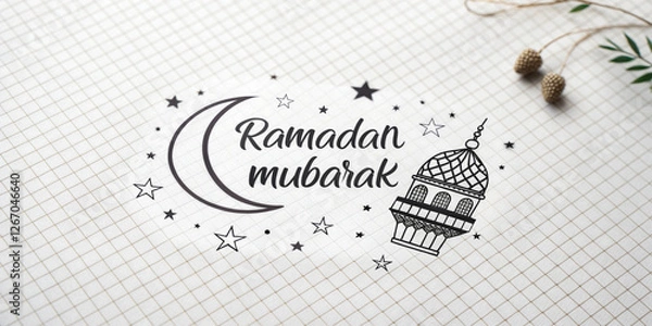Fototapeta Islamic black and white Ramadan Mubarak greeting card featuring a delicate hand-drawn crescent moon and elegant Arabic patterns