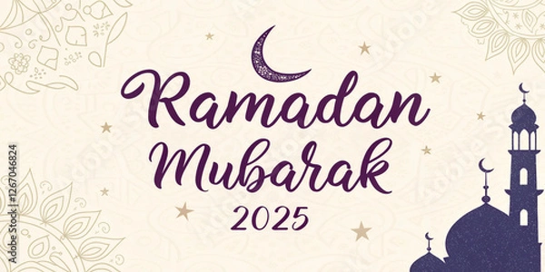 Fototapeta  Islamic festive Ramadan Mubarak 2025 greeting card with a stylish cream and gold design featuring lanterns and a crescent moon