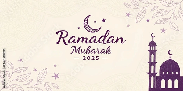 Fototapeta Islamic-themed Ramadan Mubarak 2025 greeting card with delicate floral patterns, a crescent moon, and mosque illustration