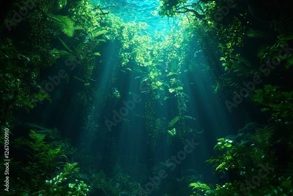 Fototapeta Sunlight streams into a lush rainforest, creating a calming atmosphere