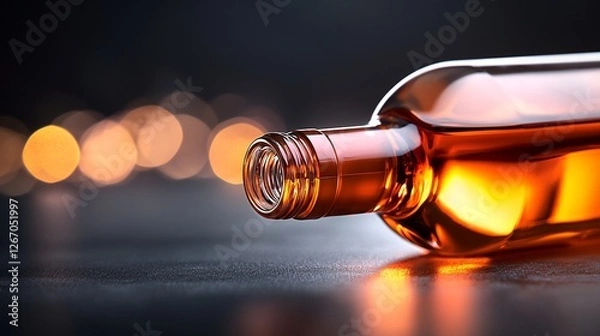 Fototapeta Close Up Of Wine Bottle With Reflection Against Dark Blurred Background