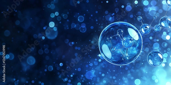 Fototapeta Blue bubble and molecule structure background. Abstract blue background with bubbles and molecules, representing the concept of biotechnology or medicine