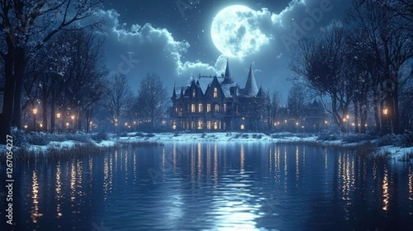 Fototapeta Enchanting moonlit mansion reflecting on a serene lake, surrounded by winter trees and glowing lights