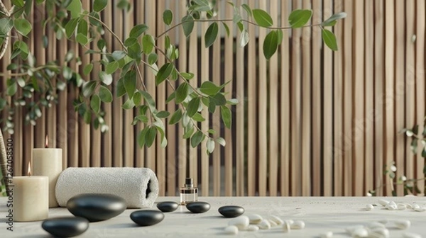 Fototapeta A spa setting with candles, green leaves, and black stones on the table