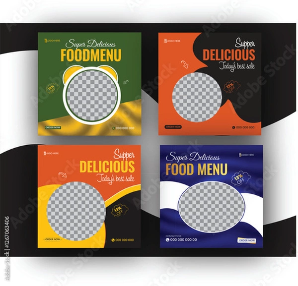 Obraz Set of Editable square food banners. Instagram post template design. Suitable for Social Media Post Restaurant and culinary Promotion. Red and yellow background