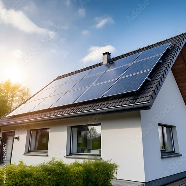 Fototapeta A house with a solar panel on the roof