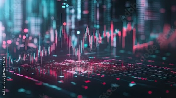 Fototapeta A floating holographic stock chart with a falling red line, symbolizing a global economic slowdown.