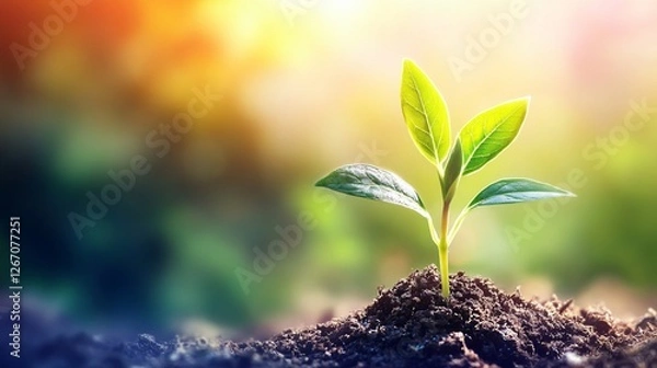 Fototapeta A small plant seedling emerges from the soil, backlit by sunlight, symbolizing growth and new beginnings.