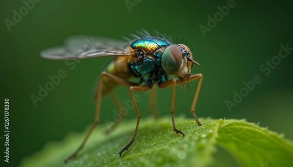 Fototapeta fly on green leaf