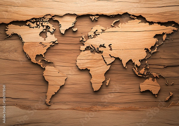 Fototapeta world map crafted from tree bark is displayed on sepia toned background, creating vintage and textured appearance. intricate design highlights continents with natural and earthy aesthetic