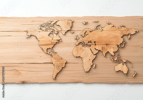 Fototapeta world map crafted from tree bark is displayed on grunge background, offering vintage and rustic aesthetic. natural wood texture adds organic feel to artistic representation of continents