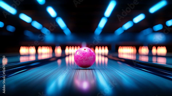 Obraz vibrant neon bowling alley features colorful pink bowling ball on polished lane, illuminated by bright blue lights and laser beams