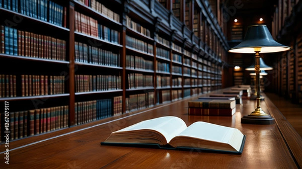 Fototapeta old law library interior with wooden bookshelves and open book on table, illuminated by classic lamps, creating scholarly atmosphere