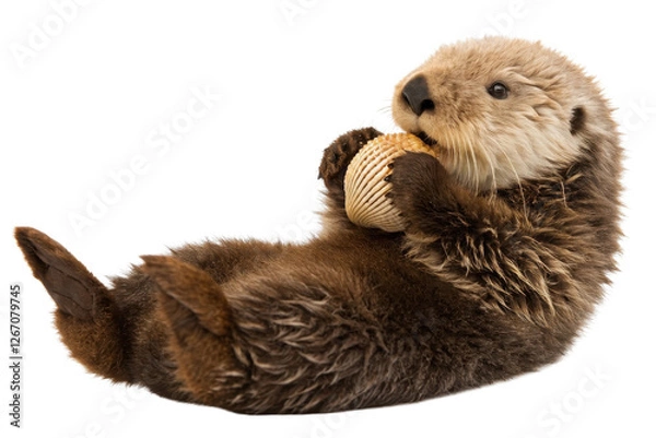 Fototapeta Adorable River Otter Relaxing with a Shell in a Playful Pose on a White Background