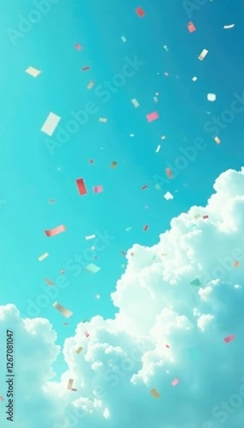 Fototapeta Teal colored confetti falling from a blue sky with white clouds, clouds, soothing, confetti