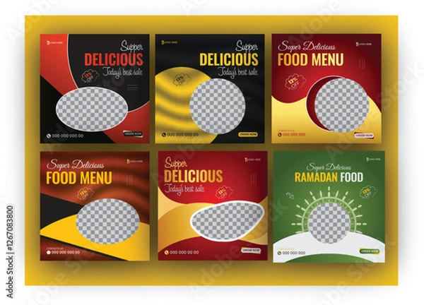 Obraz Set of Editable square food banners. Instagram post template design. Suitable for Social Media Post Restaurant and culinary Promotion. Red and yellow background