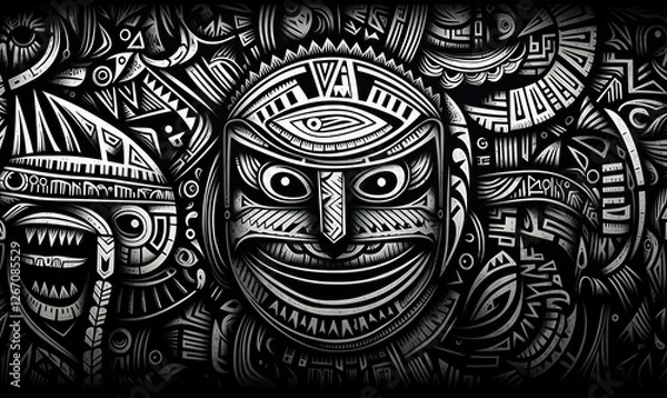 Fototapeta Tribal mask art, geometric patterns, black and white, used for decoration or cultural display