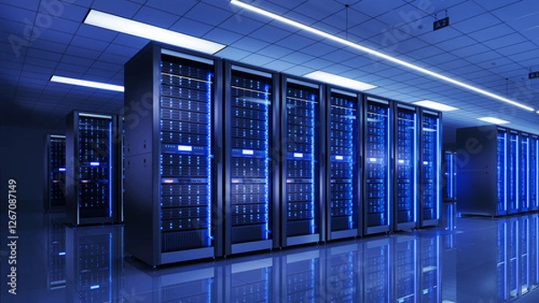 Obraz Server racks in modern server room data center - 3d illustration.