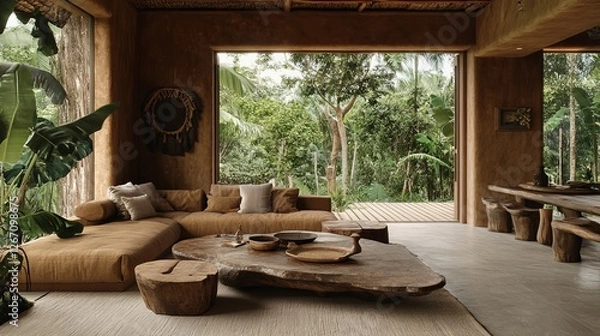 Fototapeta Cozy and Inviting Living Room Featuring Plush Couch and Elegant Coffee Table Surrounded by Warm Lighting and Tasteful Decor Creating a Relaxing Atmosphere for Leisure and Comfort