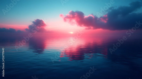 Fototapeta Serene Sunset Over the Ocean: The sun dips below the horizon, painting the sky with hues of pink and blue, casting a vibrant glow over the tranquil waters, with gentle clouds floating.