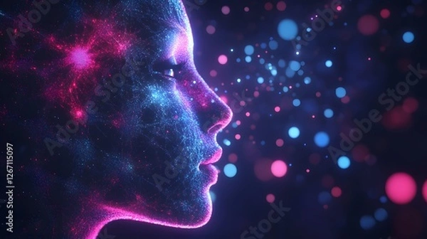 Fototapeta Digital Soul: A captivating portrait of a woman's face rendered in vibrant hues of blue and pink, resembling a galaxy, radiating a sense of ethereal beauty.