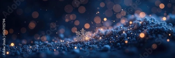 Fototapeta Snowflake particles dance in a darkened space, snowflake bokeh, shimmering snowflakes, crystal dust