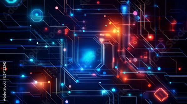 Fototapeta Futuristic Digital Circuit Background. Abstract digital circuit design with glowing blue and orange lines, ideal for tech backgrounds or futuristic themes.