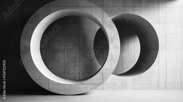 Fototapeta Two concrete circle structures set against a concrete wall