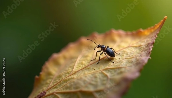 Obraz A small dark insect crawling on the top of a dry leaf surface, nature, small