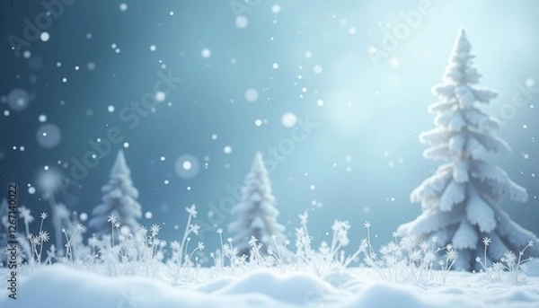 Fototapeta Snowy winter forest scene, soft light,  peaceful landscape, use for nature background