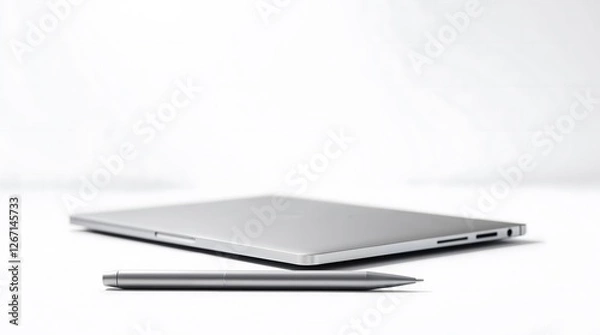 Obraz leek Silver Laptop on White Surface with Minimalist Aesthetic