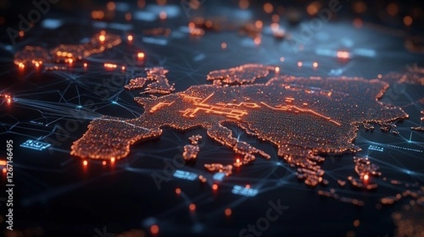 Fototapeta World map with illuminated connections representing global supply chain and interconnected shipping network
