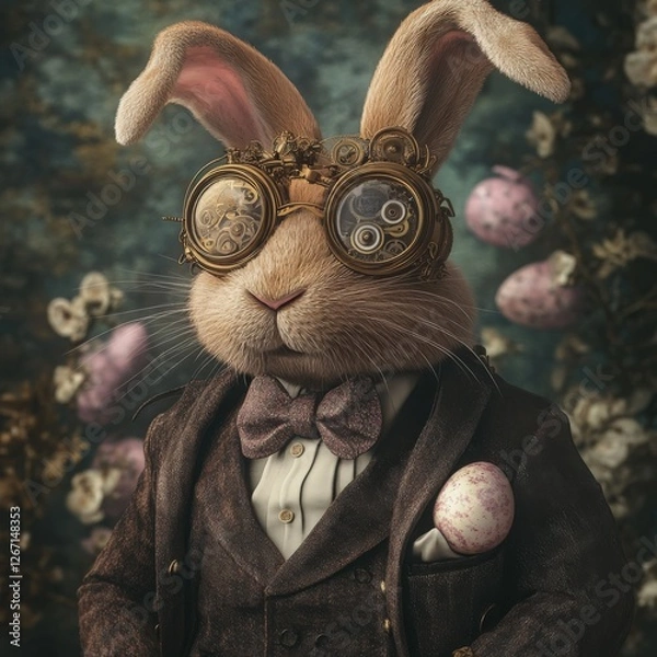 Fototapeta Steampunk Rabbit in Burgundy Suit with Goggles and Easter Eggs