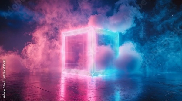 Fototapeta Glowing Cube in Neon Cloudscape