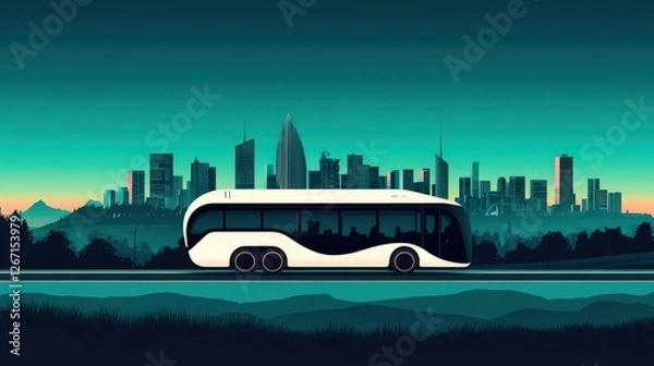 Fototapeta Minimalist Cityscape at Dusk with Modern Bus in Urban Environment