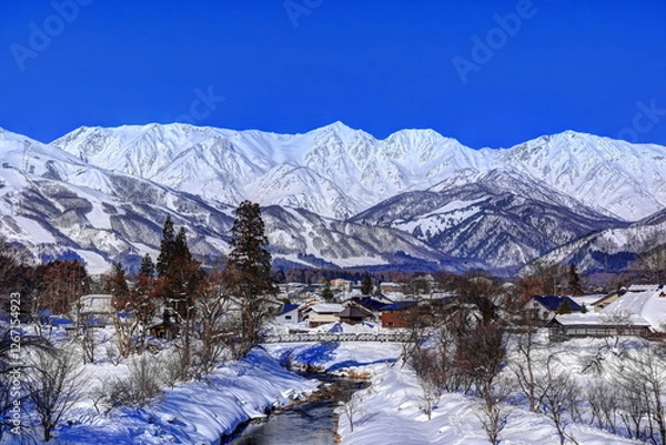 Fototapeta 冬の白馬三山と大出の吊橋