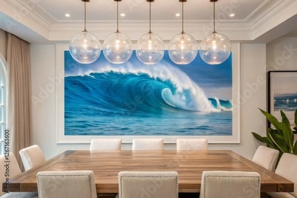 Fototapeta Large-Scale Ocean Wave Print in Modern Dining Room