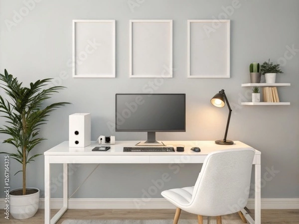 Fototapeta Modern Minimalist Home Office Workspace with Empty Frames