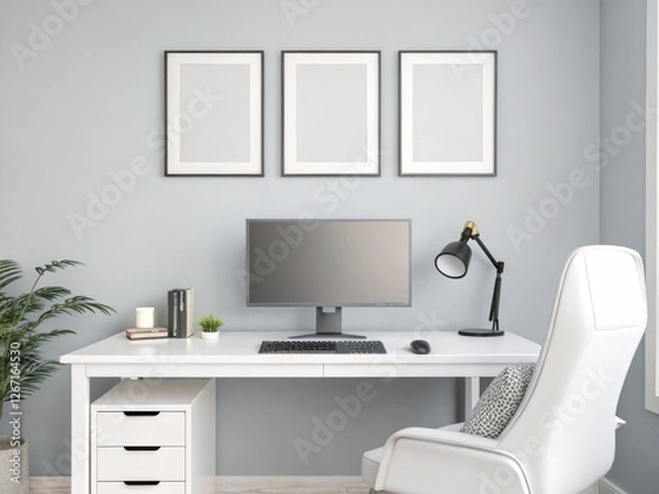 Fototapeta Modern Minimalist Home Office Mockup with Empty Frames
