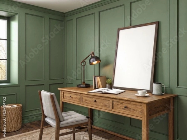 Fototapeta Rustic Green Office Corner with Wooden Desk and Blank Frame