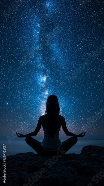 Fototapeta A peaceful figure meditating on rocky terrain, silhouetted against a breathtaking Milky Way, representing the harmony of inner peace and the beauty of the universe.