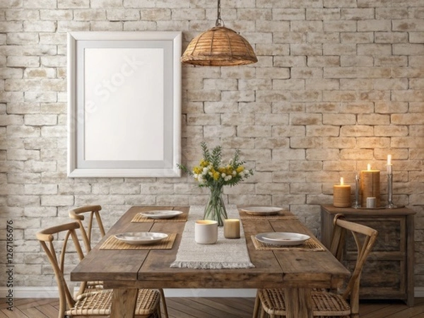 Fototapeta Rustic Dining Room with Blank Frame, Perfect for Mockups
