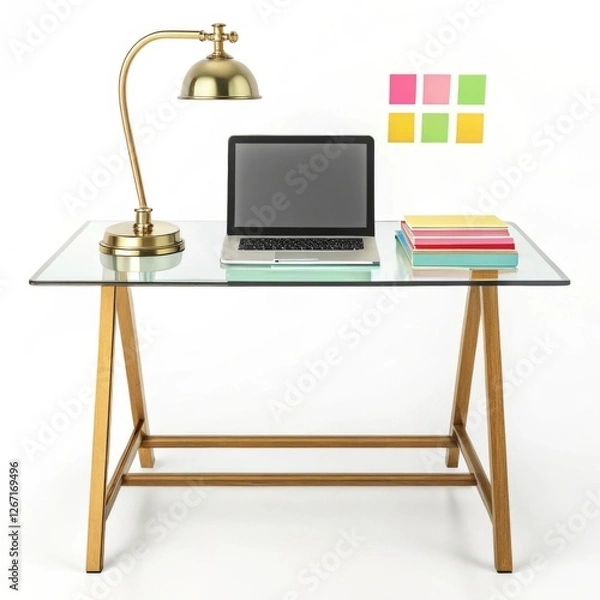 Fototapeta Modern Glass Frame Desk with Laptop and Lamp