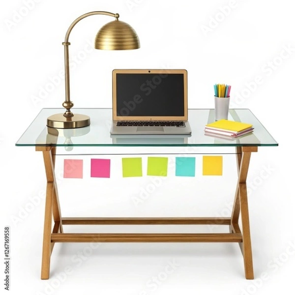 Fototapeta Stylish Glass Desk with Laptop, Lamp, and Colorful Post-it Notes